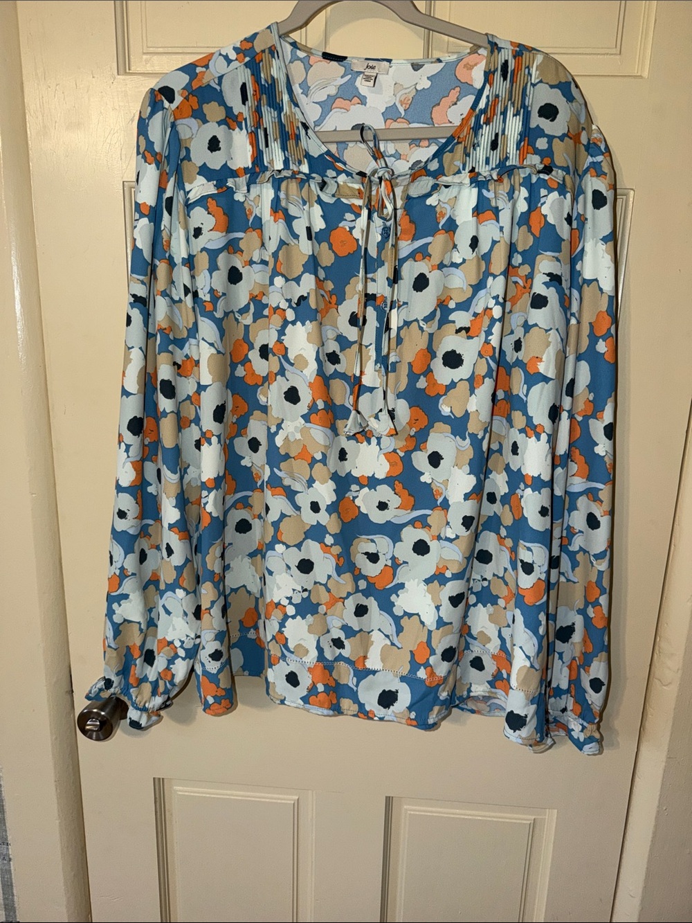 Joie Floral Tie-Neck Blouse in Blue, Orange, Cream, and White